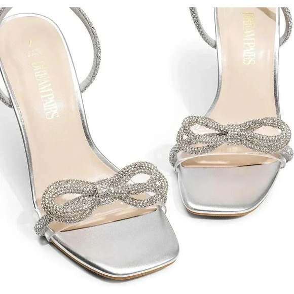 Women's Silver Double Bowknots Crystal Sandals Clear Slingback Heels - Picture 5 of 7